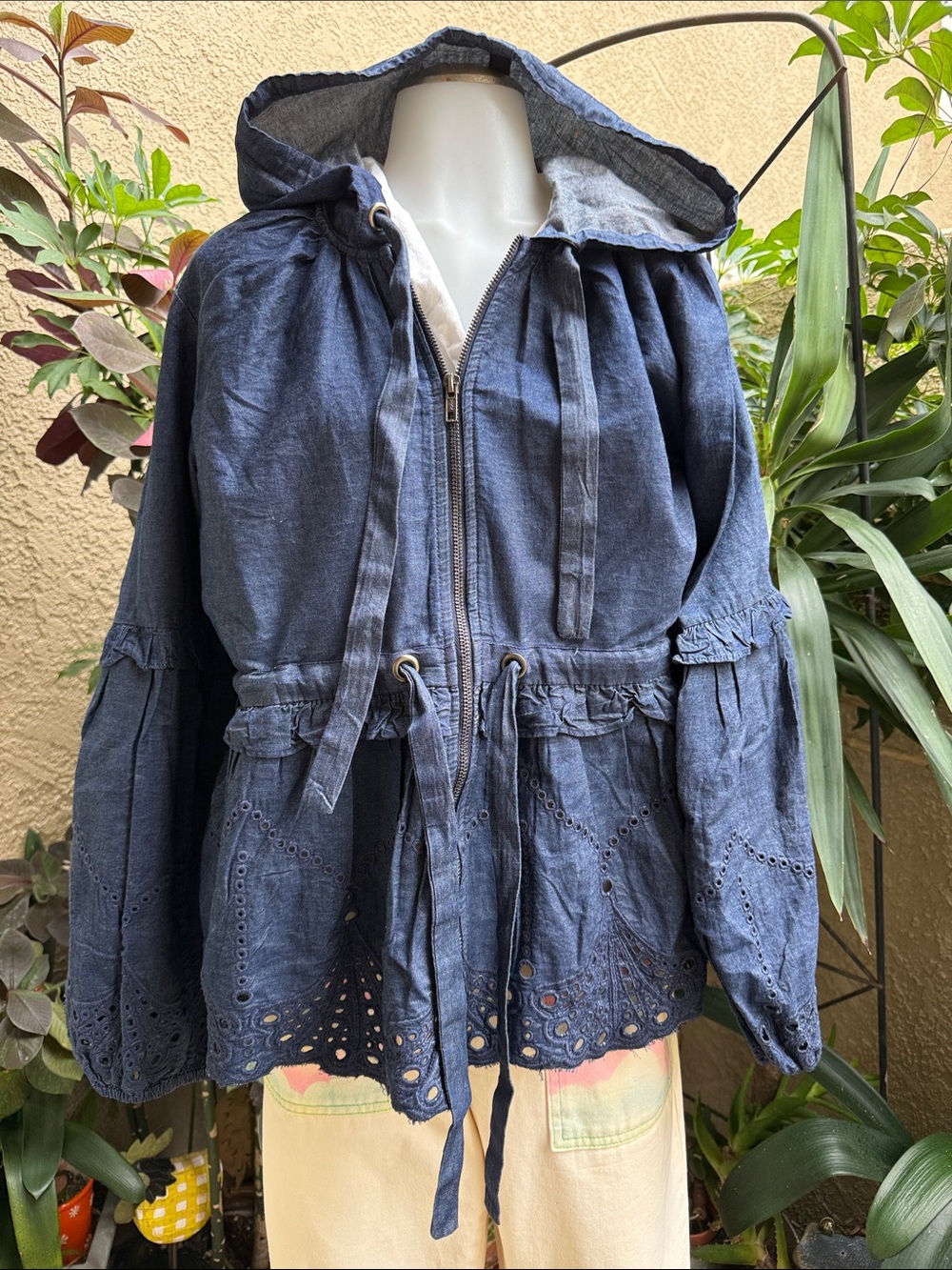 New Maeve Women's Navy Hooded Eyelet Drawstring Cotton Jacket